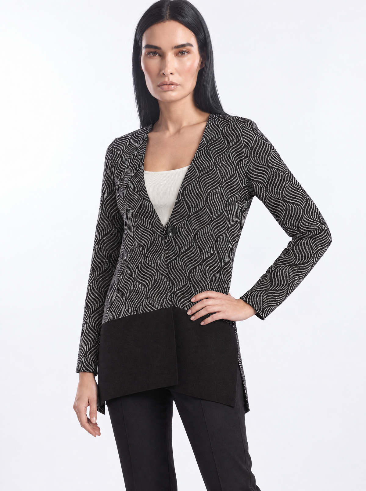 Cardigan monopetto in jacquard lurex NERO - tre quarti