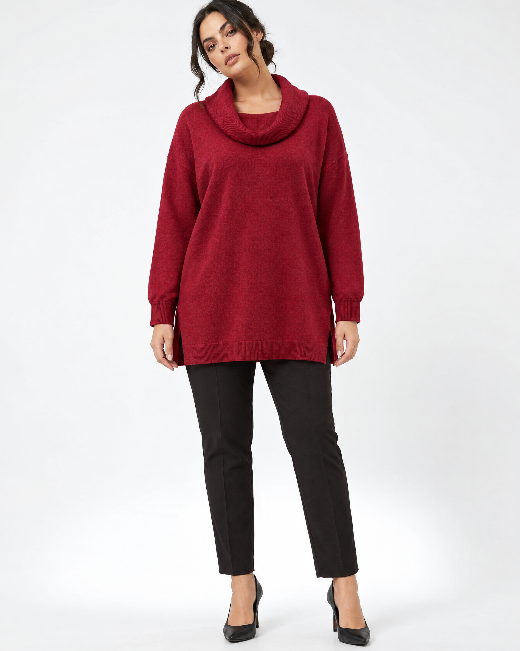 Maglia maxi con collo sciallato e spacchi BORDEAUX - indossato frontale