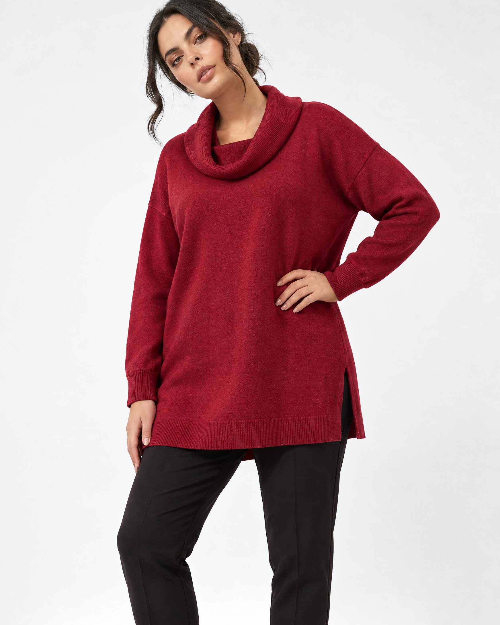 Maglia maxi con collo sciallato e spacchi BORDEAUX - tre quarti