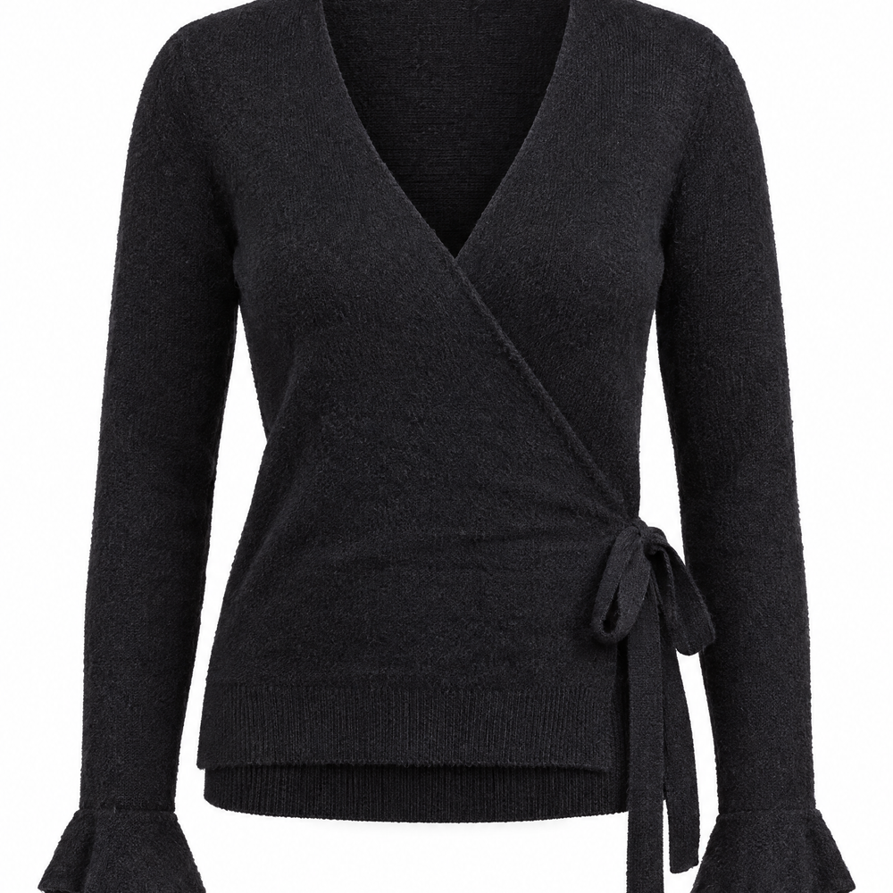 Maglia con incrocio laterale e polsi con volant NERO - still life