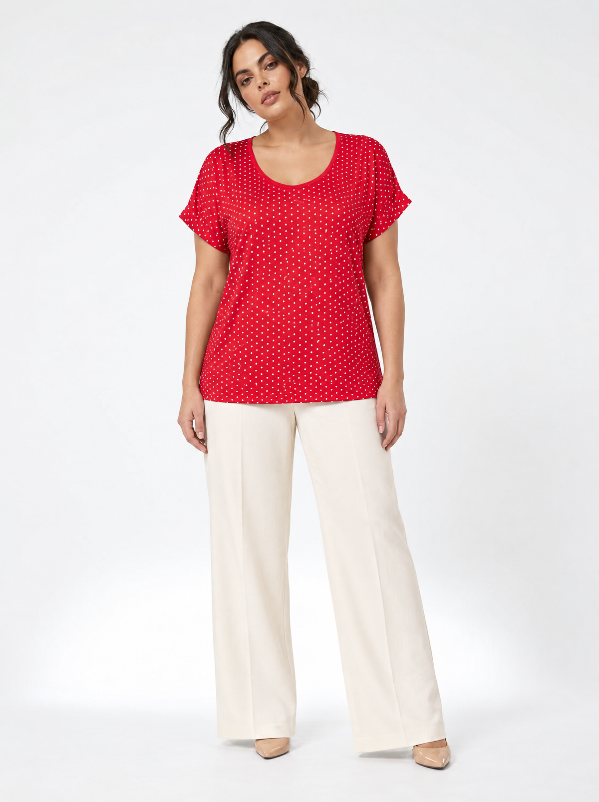 Maglia in viscosa fantasia pois/righe ROSSO - indossato frontale