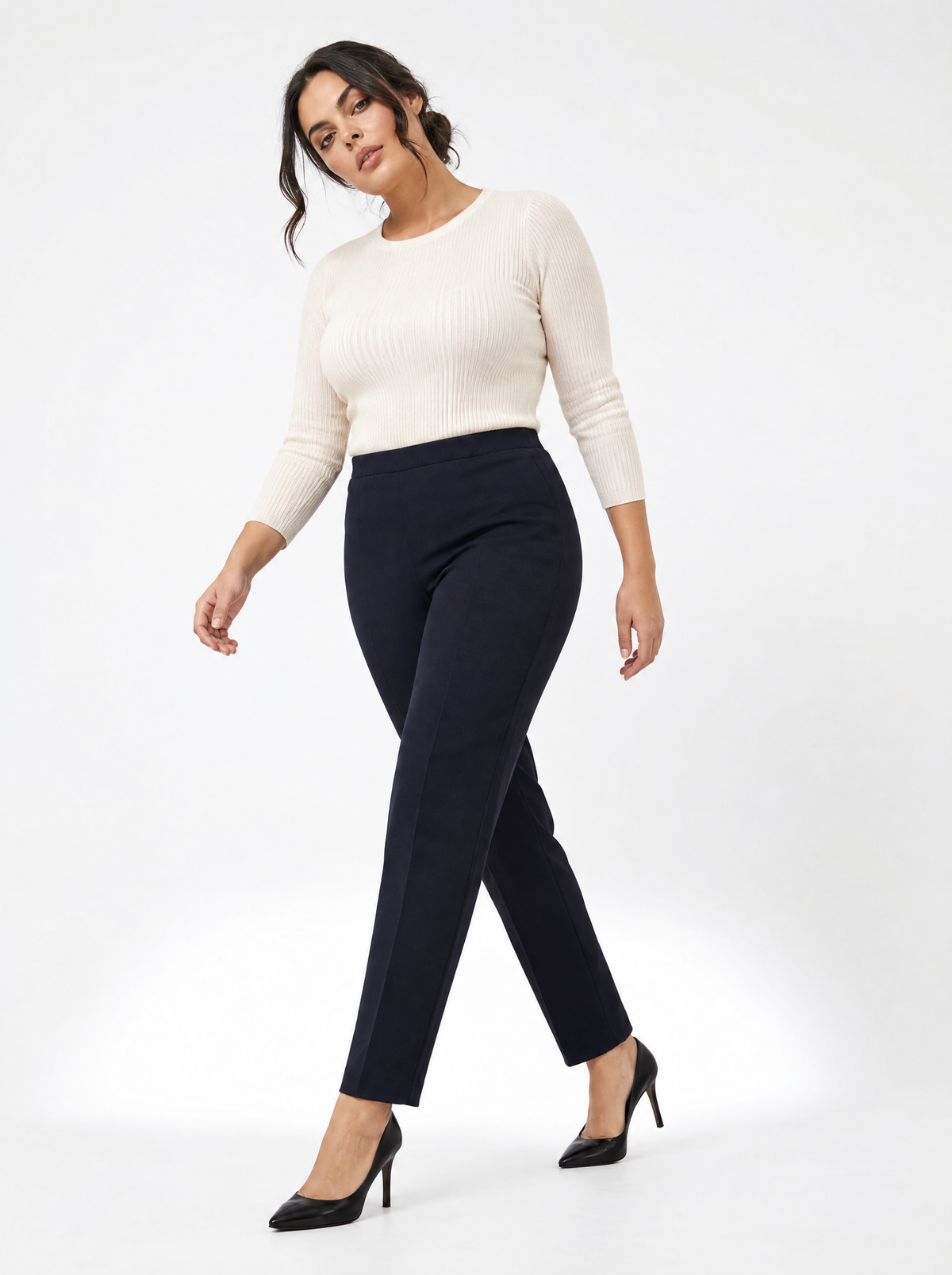 Pantaloni slim fit con vita elastica e dettaglio frontale di piega di stiro BLU - tre quarti