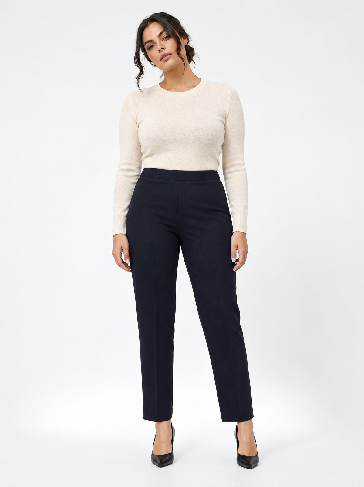 Pantaloni slim fit con vita elastica e dettaglio frontale di piega di stiro BLU - indossato frontale