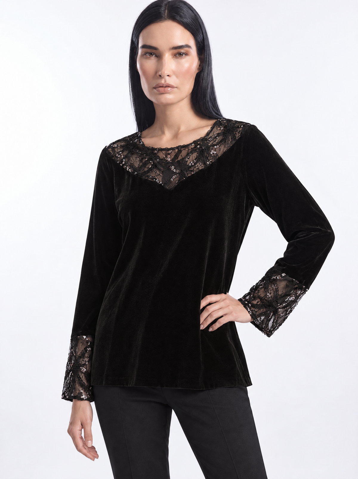 Blusa con inserti in pizzo ricamato NERO - tre quarti