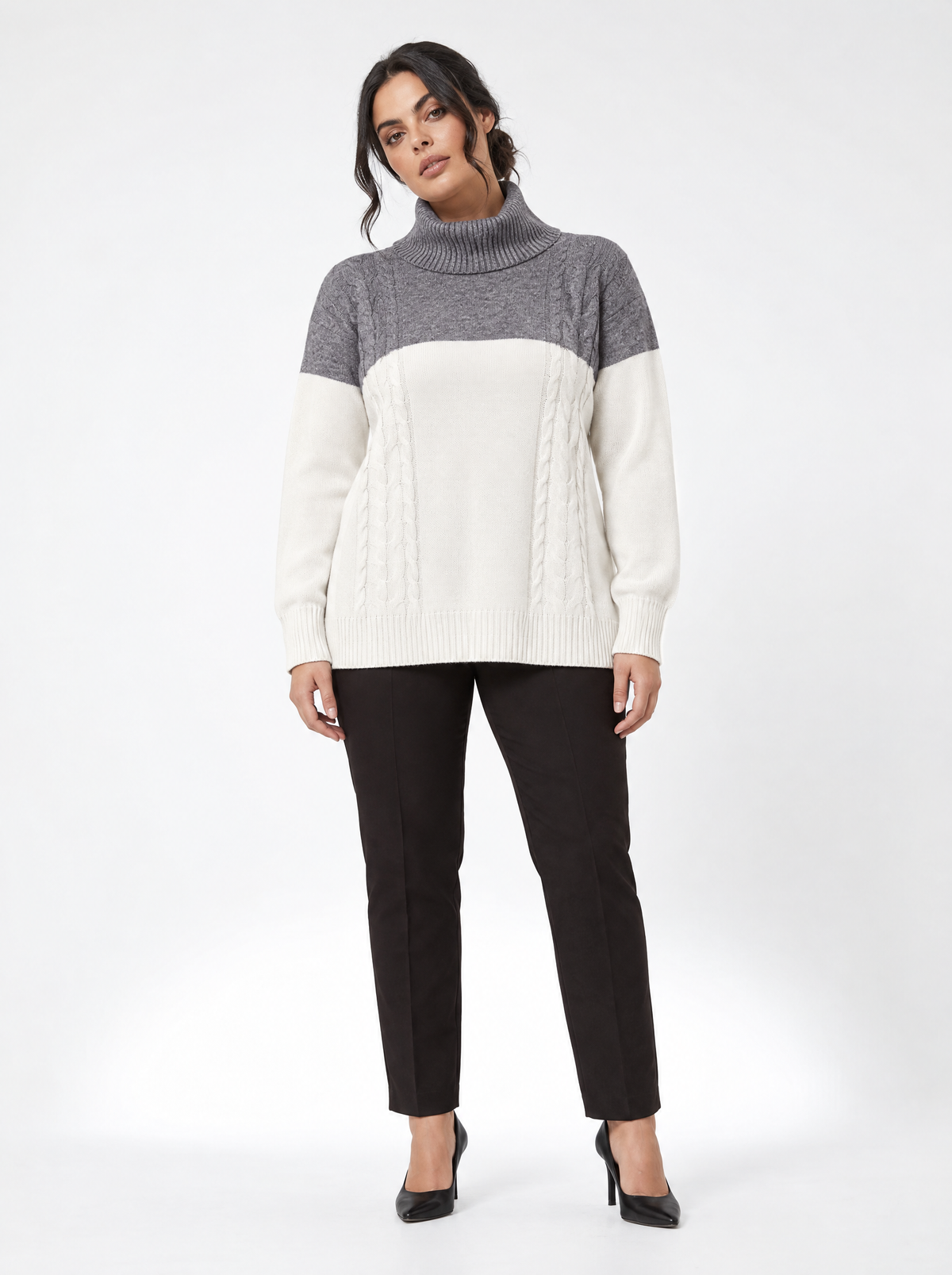 Maglia bicolor con trecce e collo removibile OFF WHITE - indossato frontale