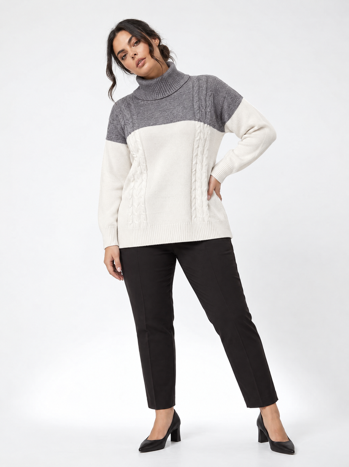 Maglia bicolor con trecce e collo removibile OFF WHITE - tre quarti