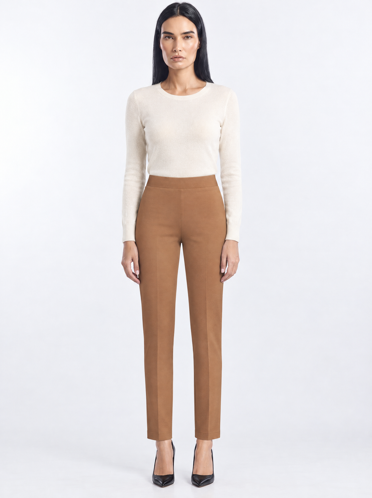 Pantaloni con bustino e vita elastica NOCE - indossato frontale