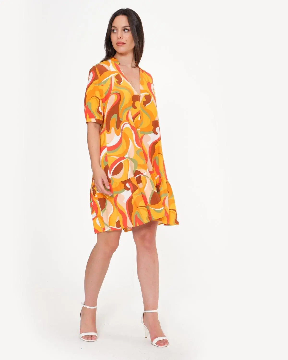 Abito corto in fantasia astratta ARANCIO DORABELLA