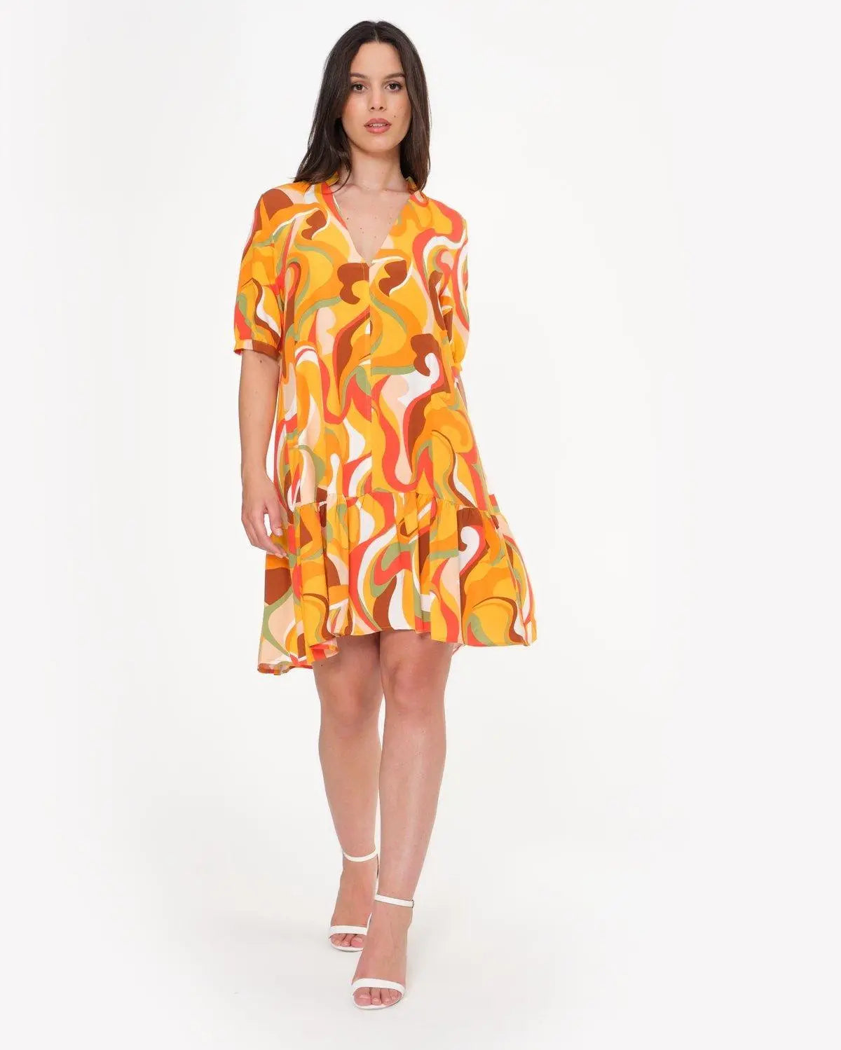Abito corto in fantasia astratta ARANCIO DORABELLA