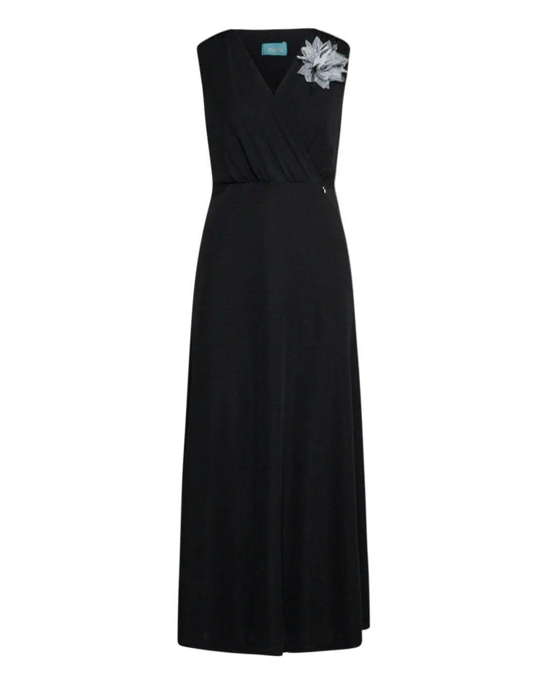 Abito lungo in jersey crêpe elasticizzato con spilla fiore lurex NERO DORABELLA