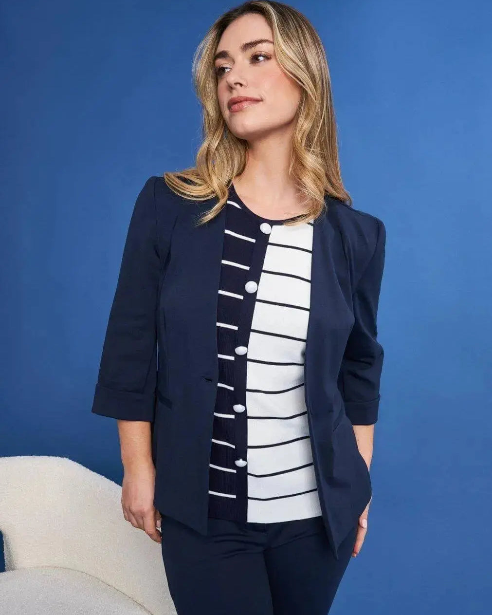 Blazer corto senza revers in jersey punto Milano elasticizzato di misto cotone BLU DORABELLA 54