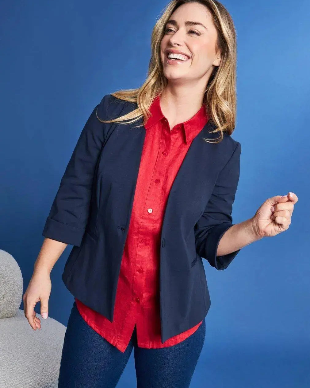 Blazer corto senza revers in jersey punto Milano elasticizzato di misto cotone BLU DORABELLA