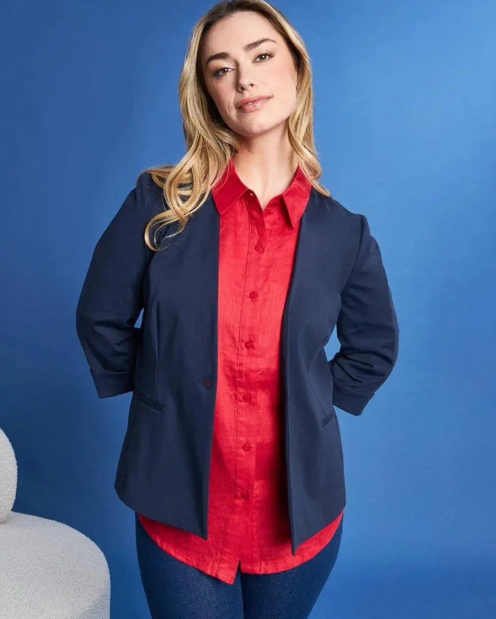 Blazer corto senza revers in jersey punto Milano elasticizzato di misto cotone BLU DORABELLA