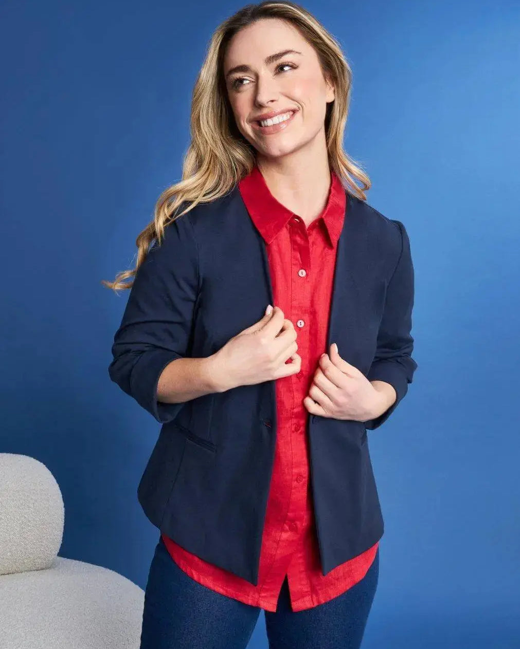 Blazer corto senza revers in jersey punto Milano elasticizzato di misto cotone BLU DORABELLA