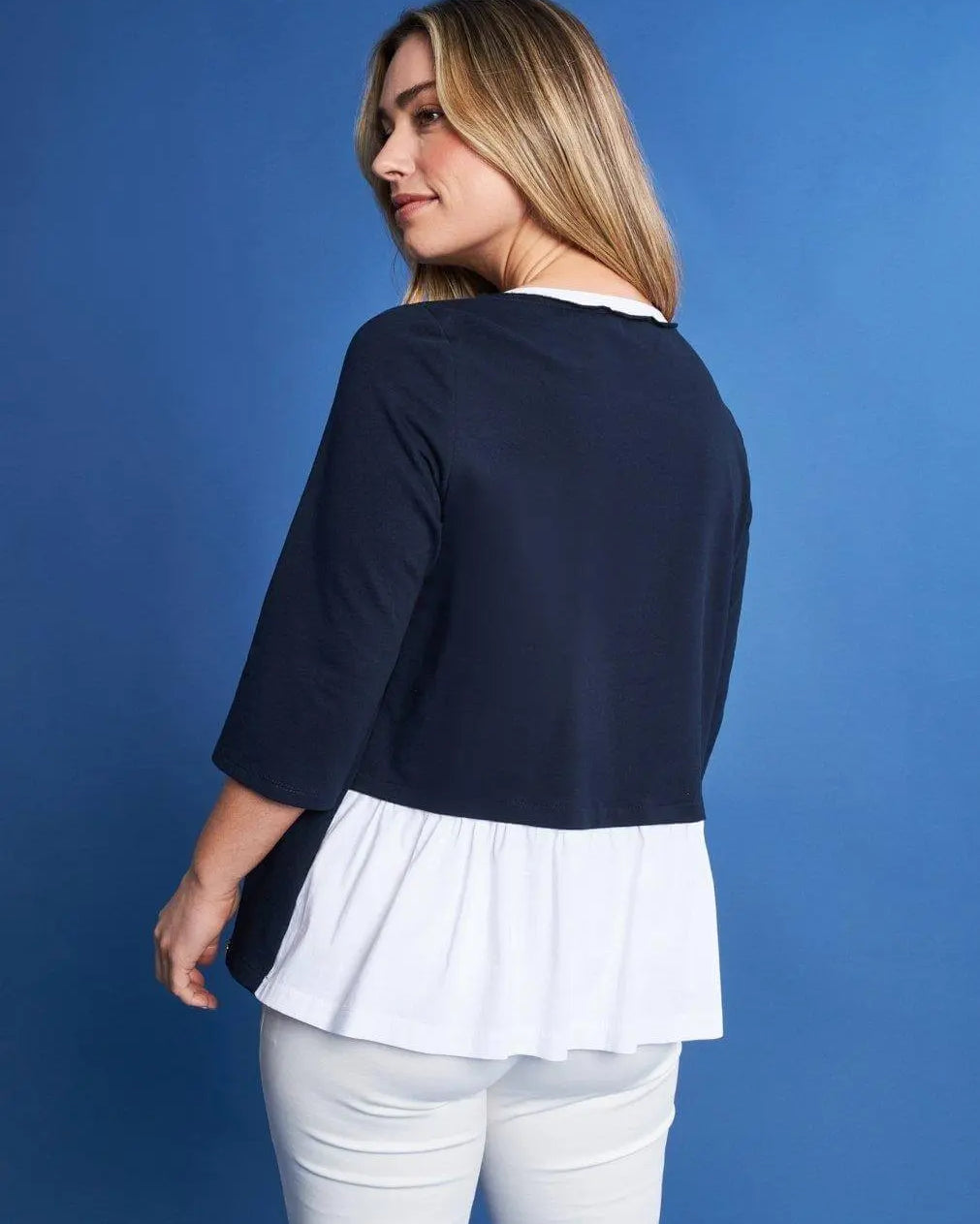 Blusa girocollo in jersey di cotone elasticizzato con volant sul retro BLU DORABELLA