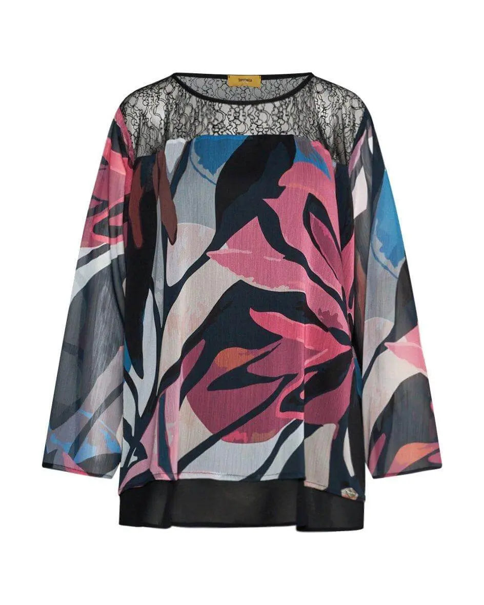 Blusa in georgette fantasia fiore con carré in pizzo NERO DORABELLA PIU'