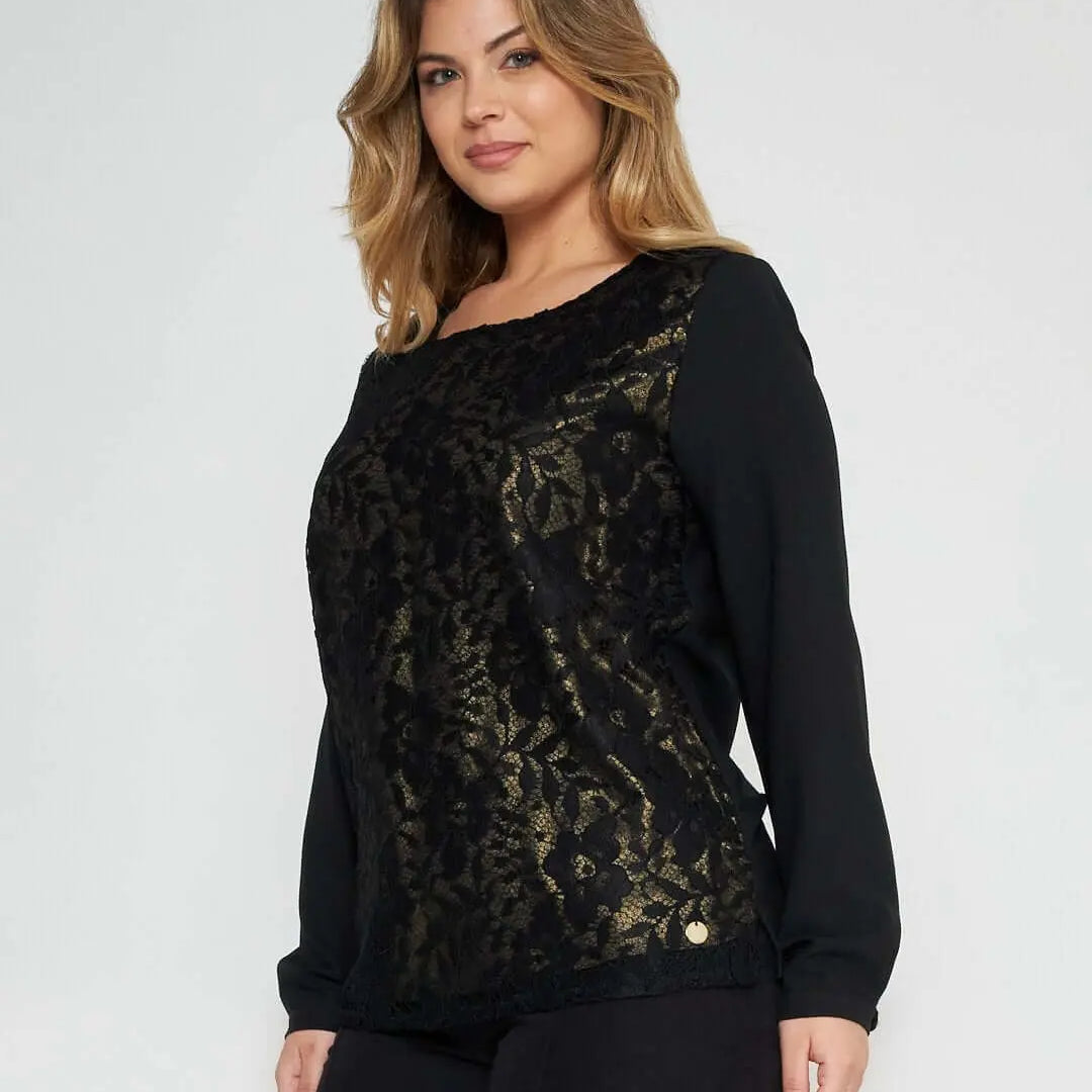 Blusa in pizzo NERO-ORO DORABELLA XXL