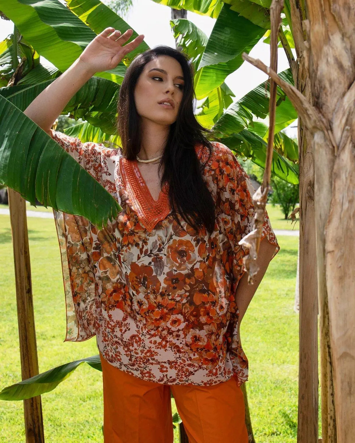 Blusa stampata con dettaglio paillettes FIORE ARANCIO DORABELLA XXL
