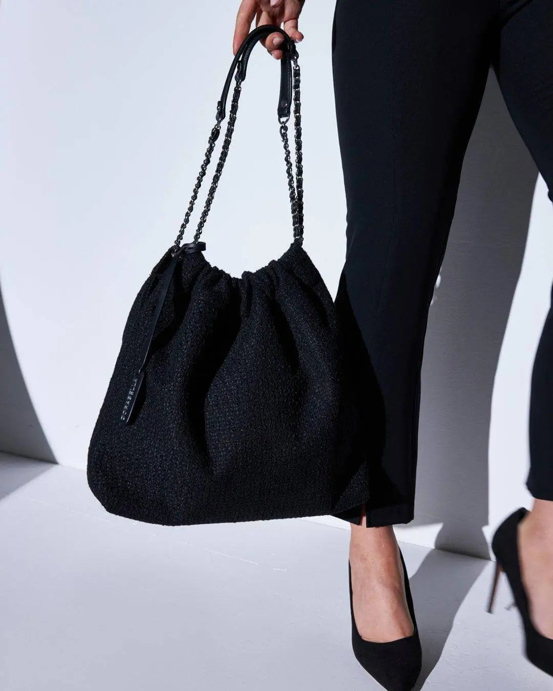 Borsa a sacchetto in tweed con doppio manico a catena NERO DORABELLA UNICO