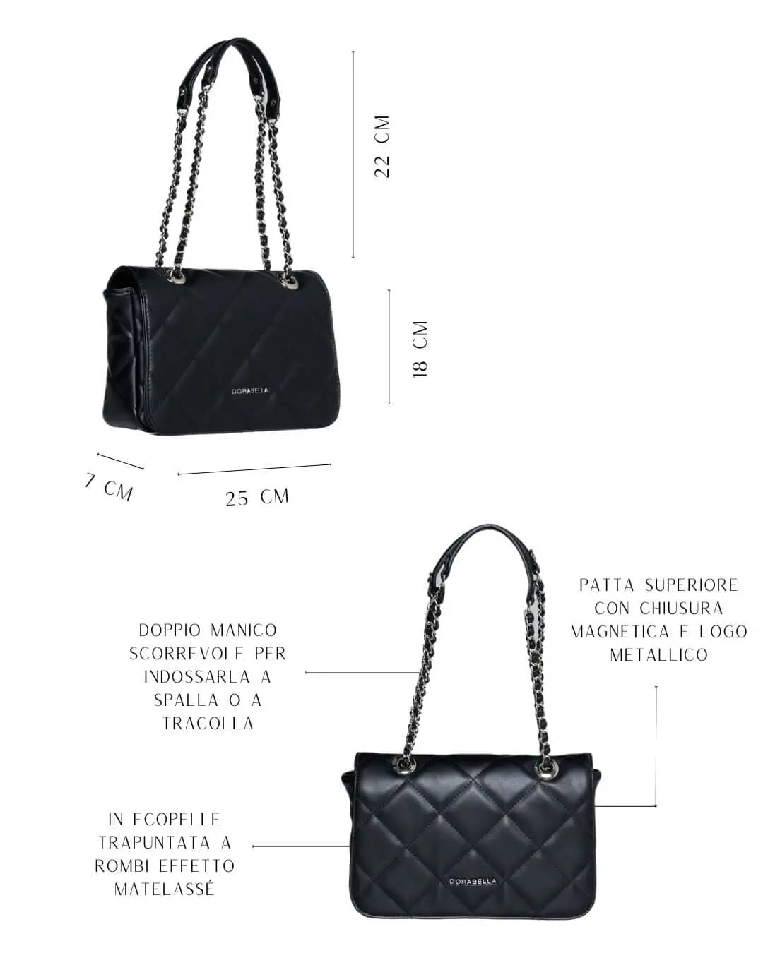 Borsa piccola a spalla in ecopelle matelassé con manici a catena NERO DORABELLA