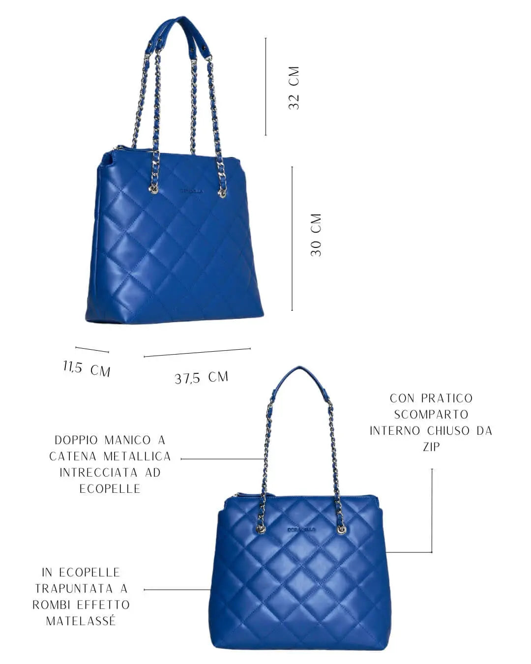 Borsa shopper media in ecopelle matelassé con manici a catena BLU CHIARO DORABELLA