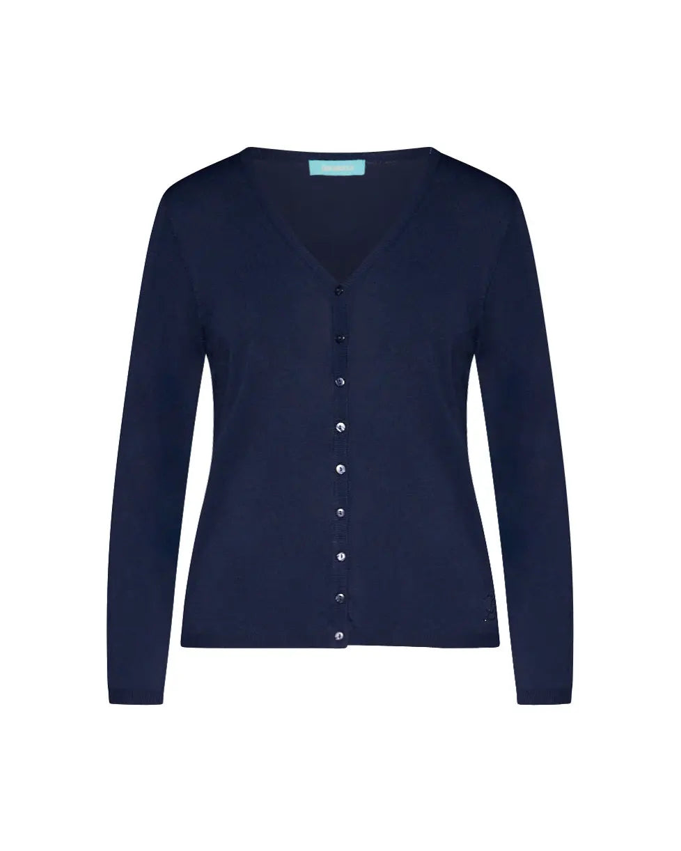 Cardigan basic con bottoni in maglia di misto viscosa con logo in strass BLU-NAVY DORABELLA