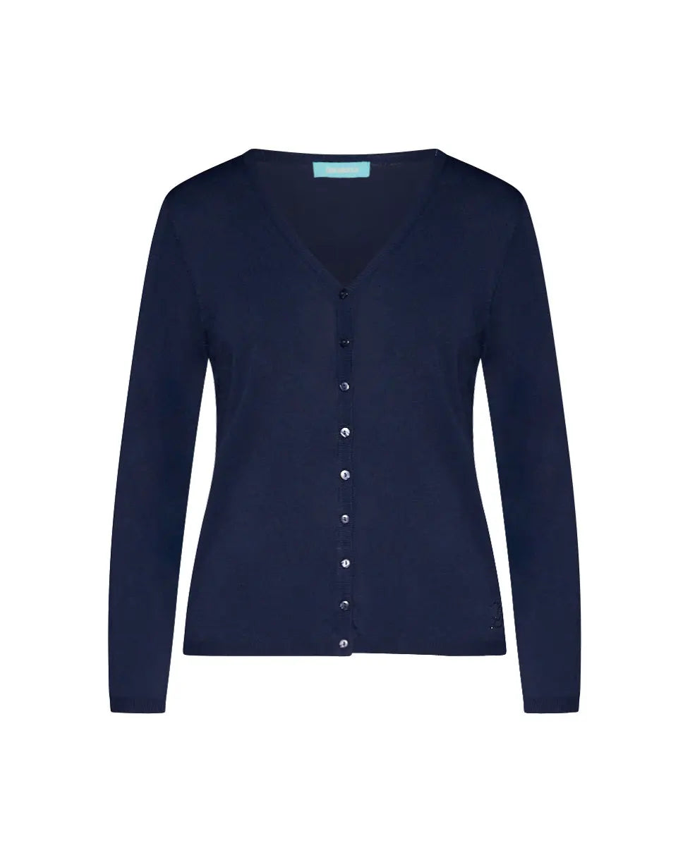 Cardigan basic con bottoni in maglia di misto viscosa con logo in strass BLU-NAVY DORABELLA