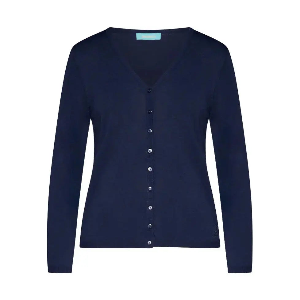 Cardigan basic con bottoni in maglia di misto viscosa con logo in strass BLU-NAVY DORABELLA