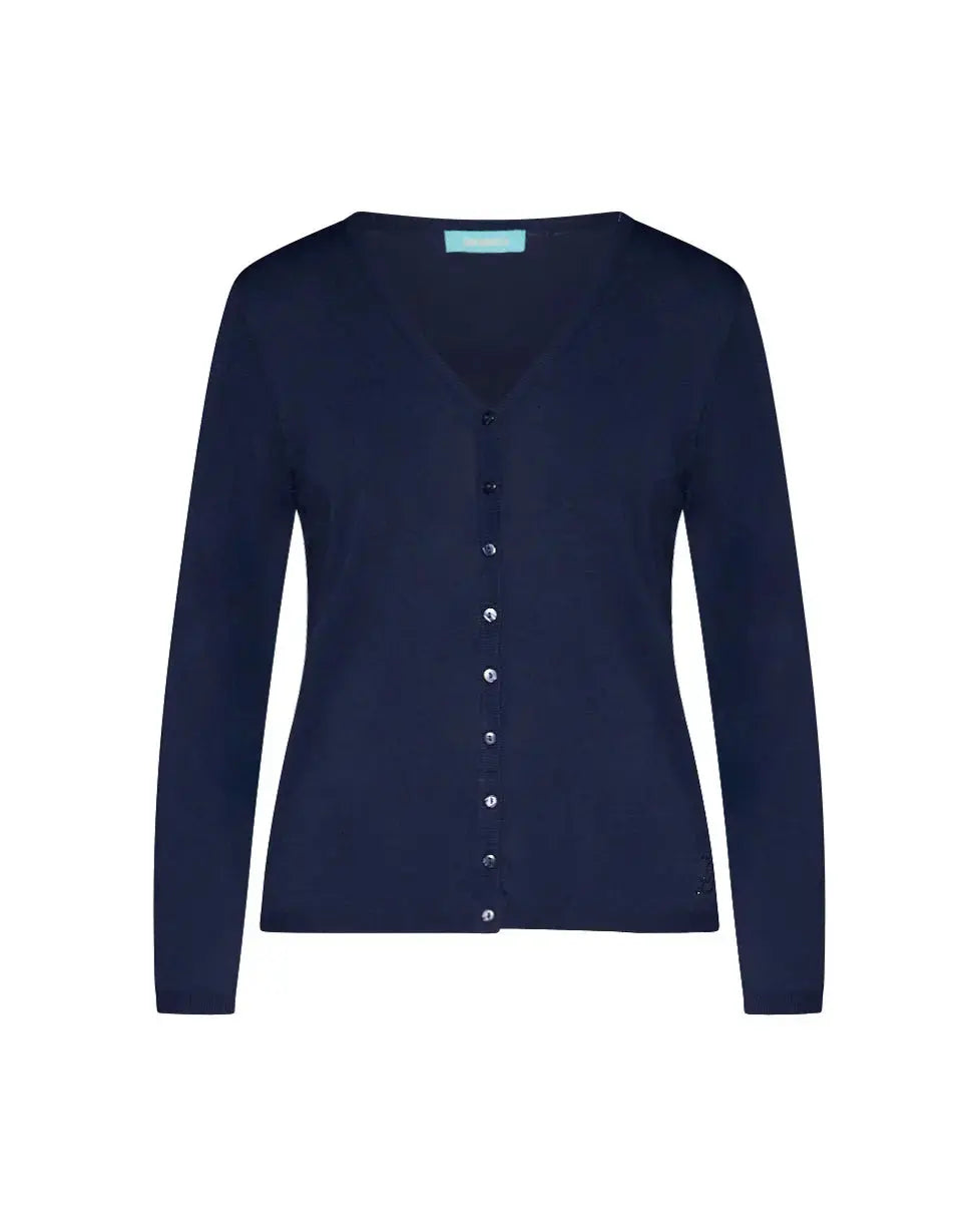 Cardigan basic con bottoni in maglia di misto viscosa con logo in strass BLU-NAVY DORABELLA