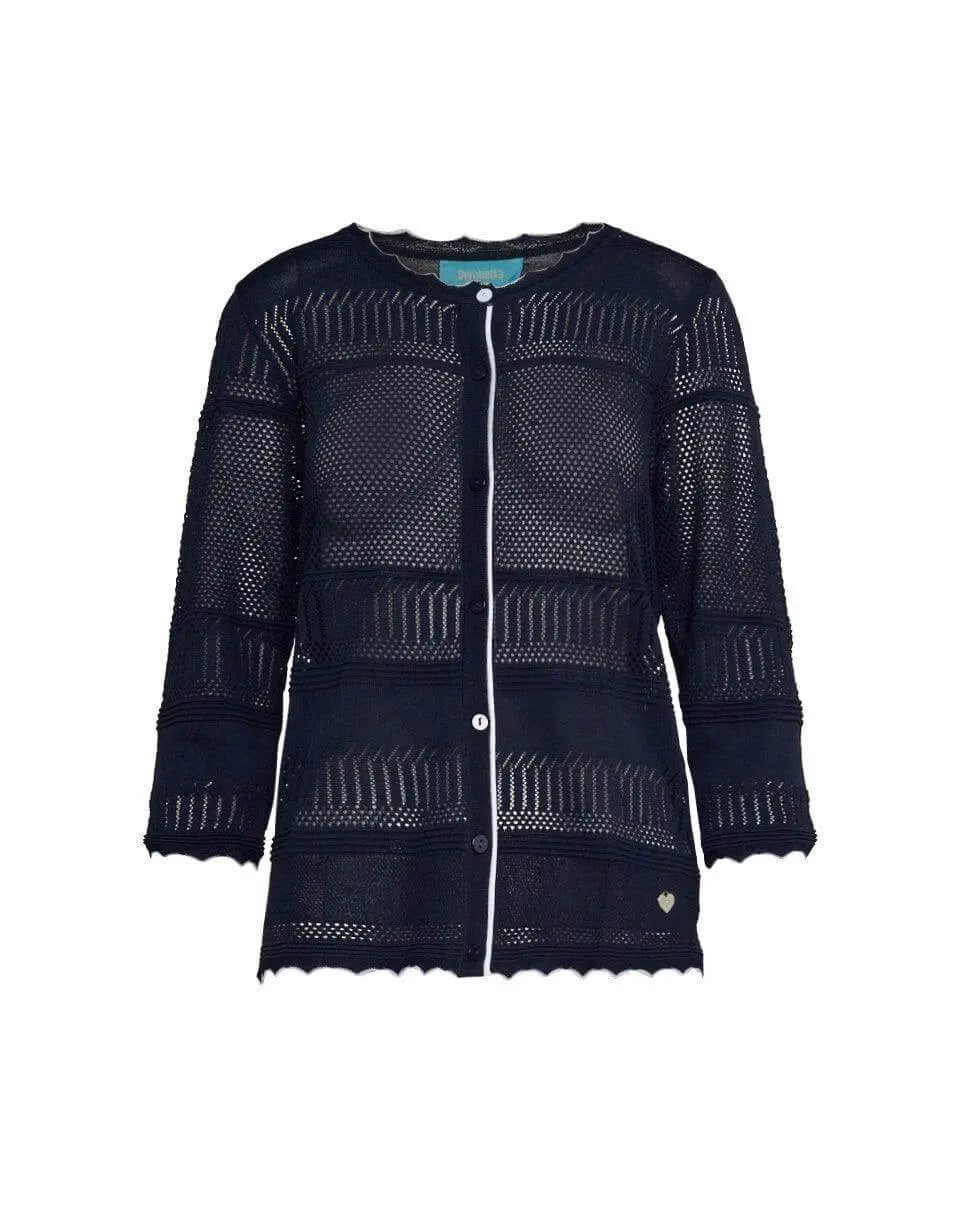 Cardigan con bottoni in maglia pointelle di misto viscosa con piping a contrasto BLU DORABELLA