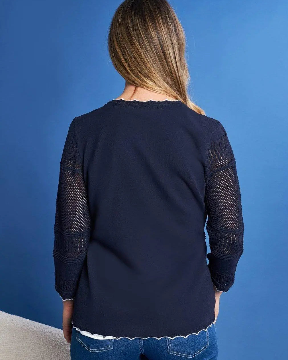 Cardigan con bottoni in maglia pointelle di misto viscosa con piping a contrasto BLU DORABELLA