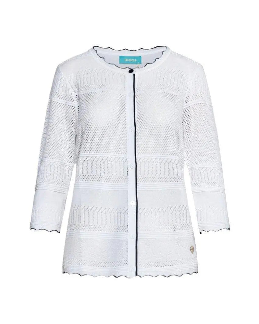 Cardigan con bottoni in maglia pointelle di misto viscosa con piping a contrasto WHITE DORABELLA