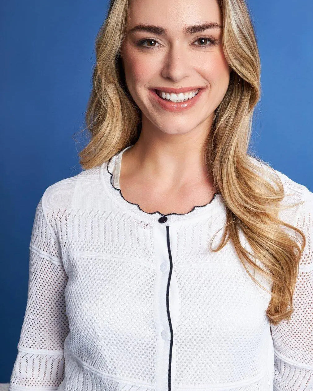 Cardigan con bottoni in maglia pointelle di misto viscosa con piping a contrasto WHITE DORABELLA