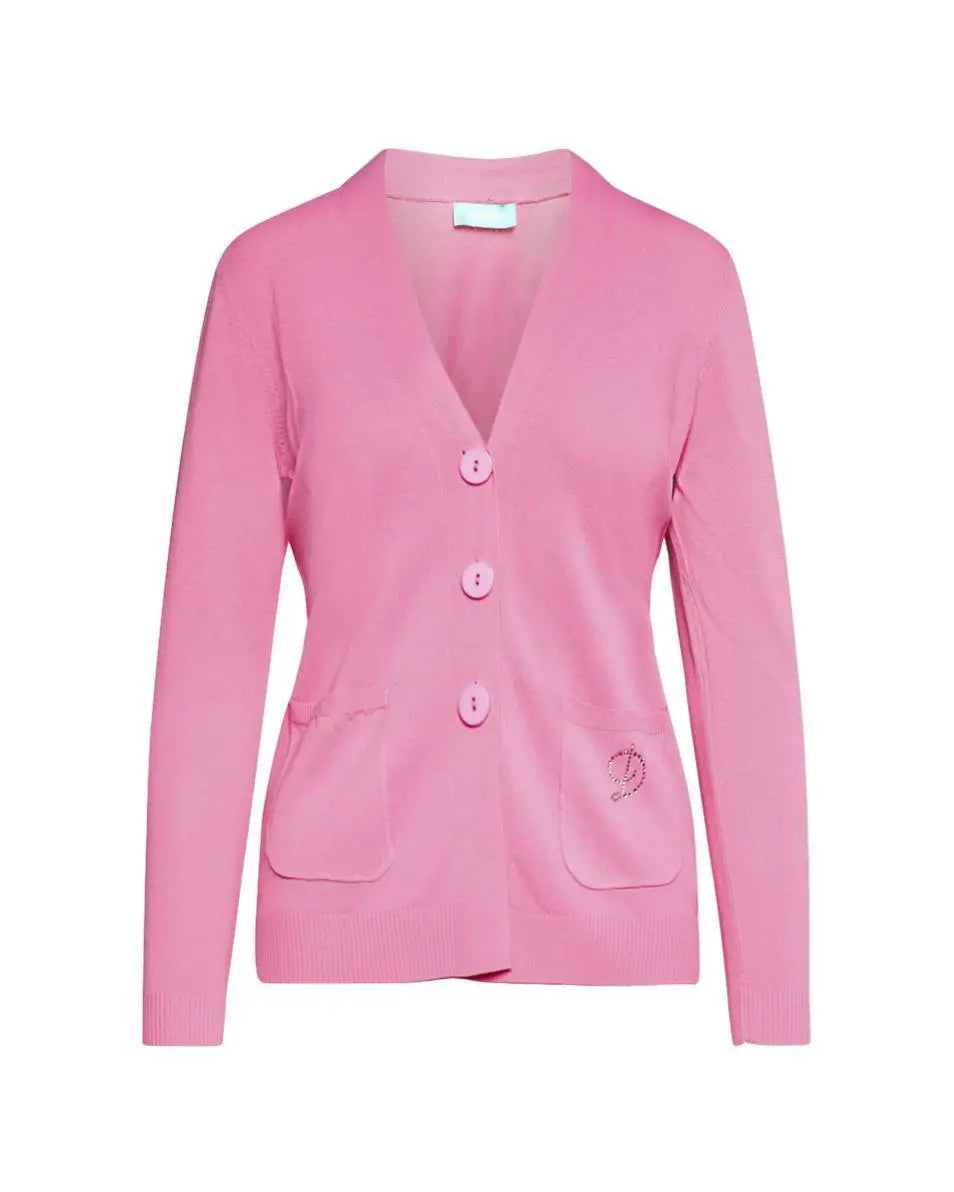 Cardigan scollo a V in maglia di misto viscosa con logo in strass. ROSA BUBBLE DORABELLA
