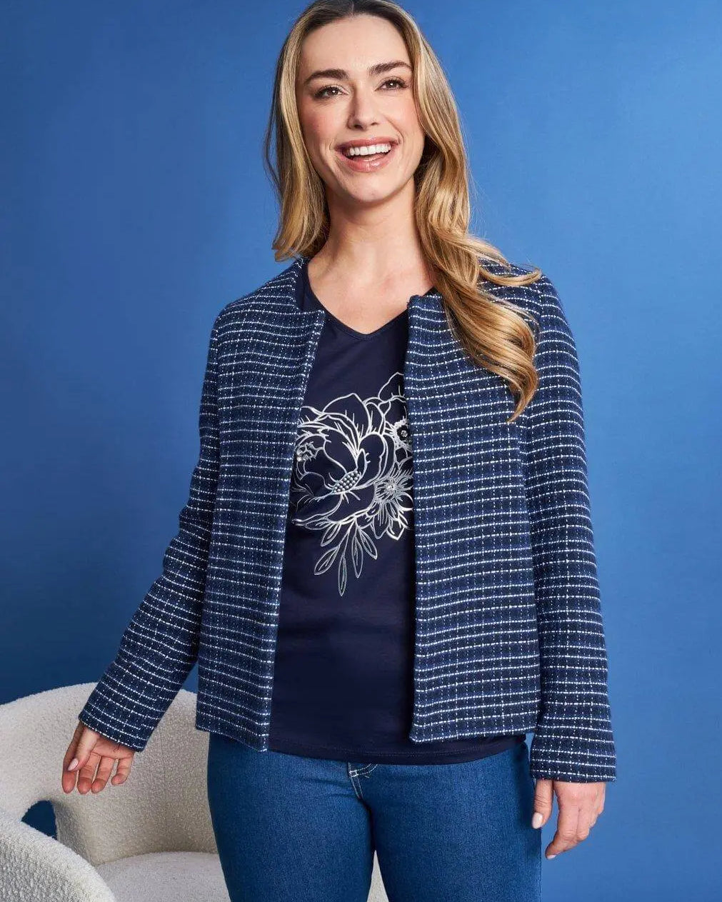 Giacca girocollo in tweed di misto cotone bi-colore BLU DORABELLA XXL