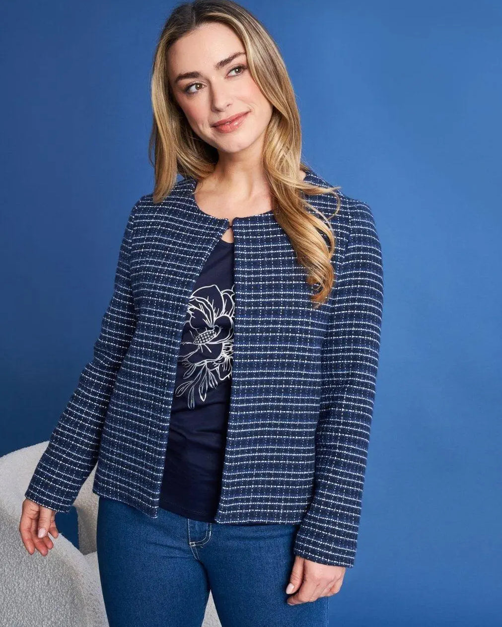 Giacca girocollo in tweed di misto cotone bi-colore BLU DORABELLA