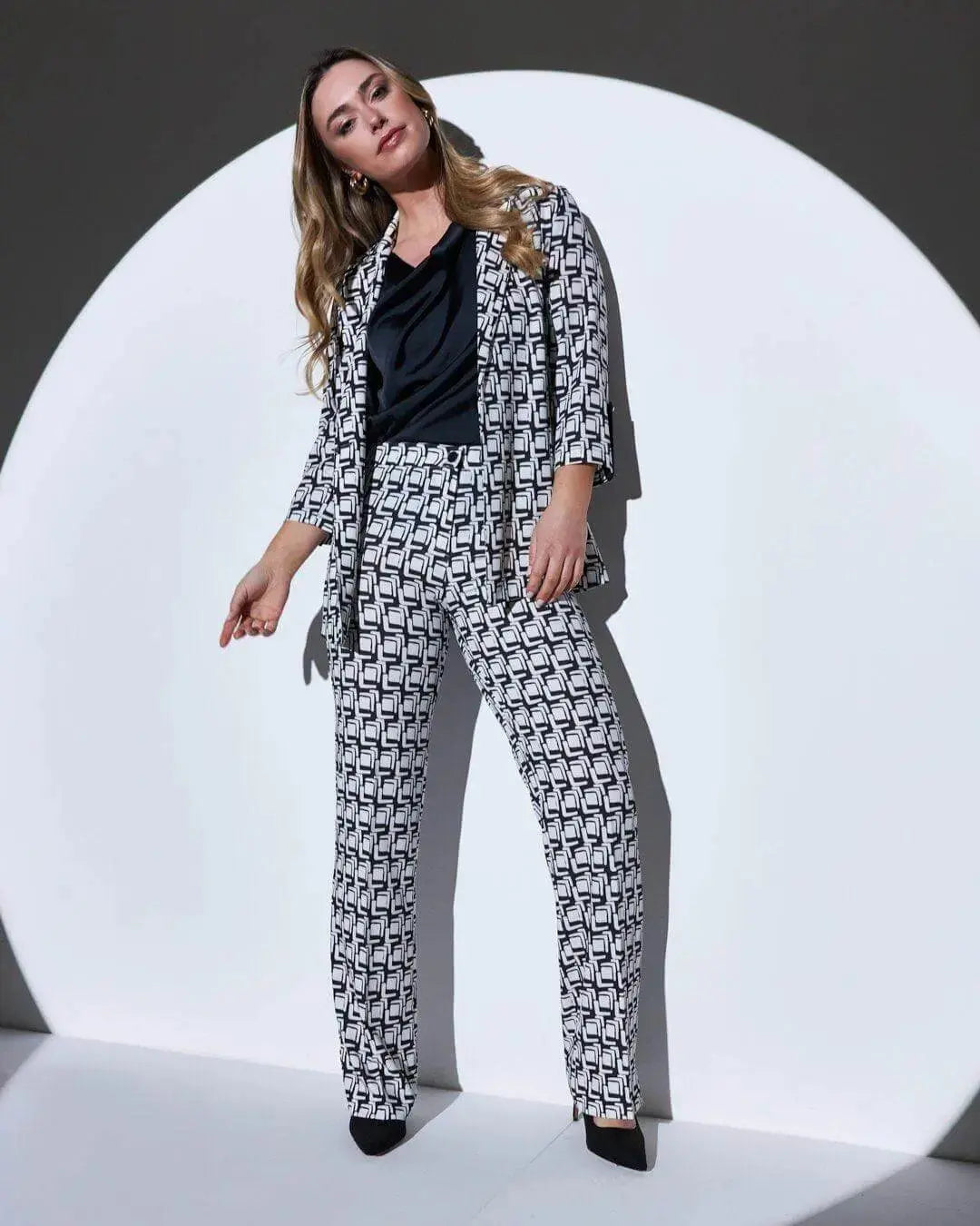 Giacca monopetto in cady stampato fantasia Optical con maniche a tre quarti NERO-BIANCO DORABELLA COUTURE XXL