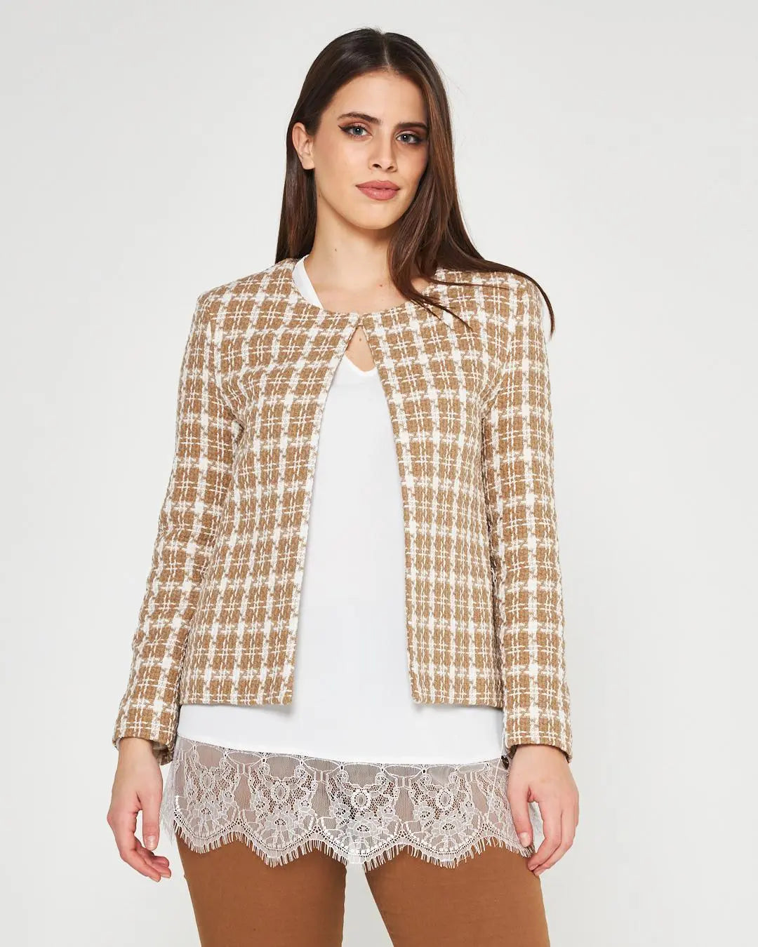 Giacca tweed BEIGE-BIANCO DORABELLA XXL