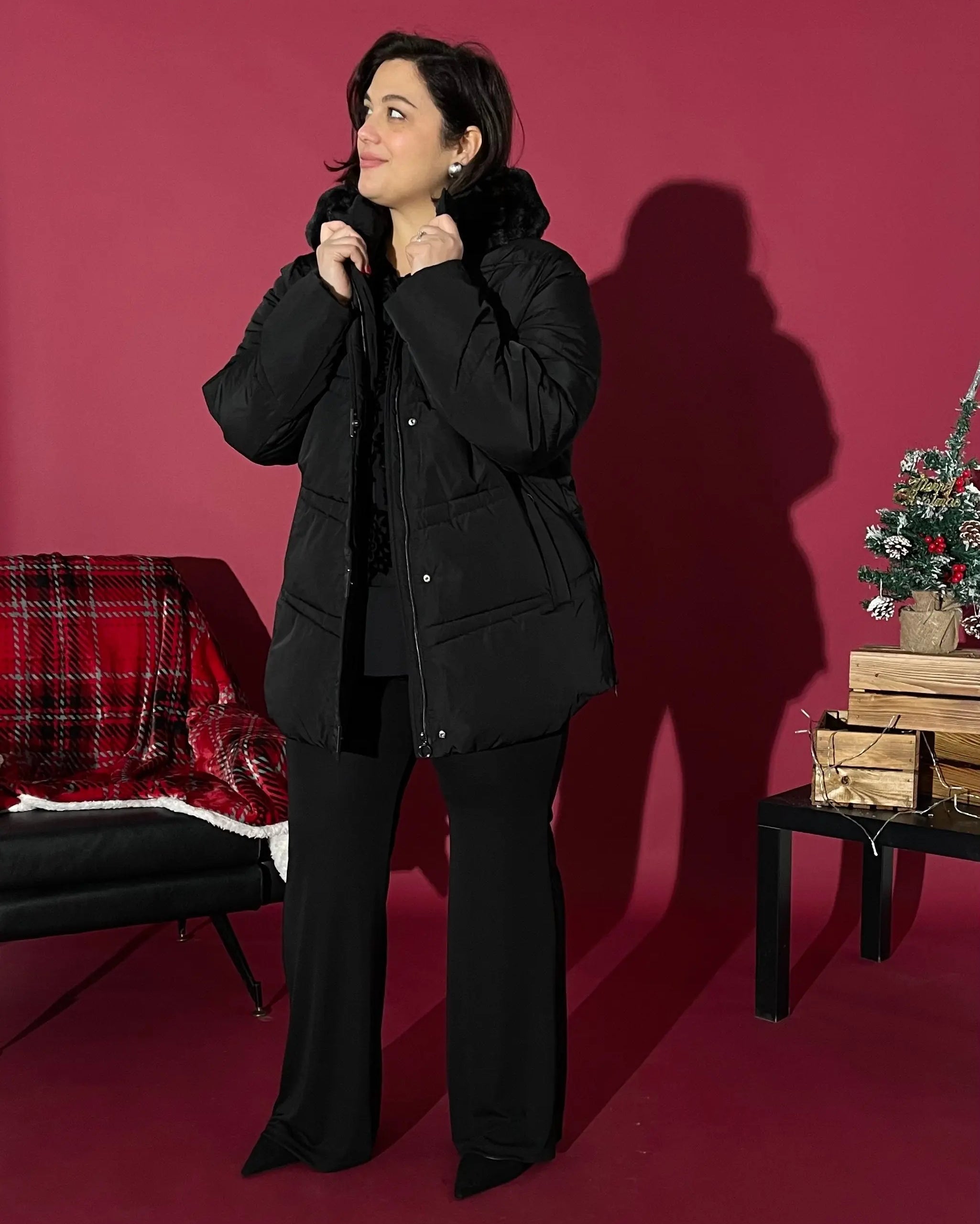 Giubbotto trapuntato con cappuccio ed ecopelliccia NERO DORABELLA PIU' 55