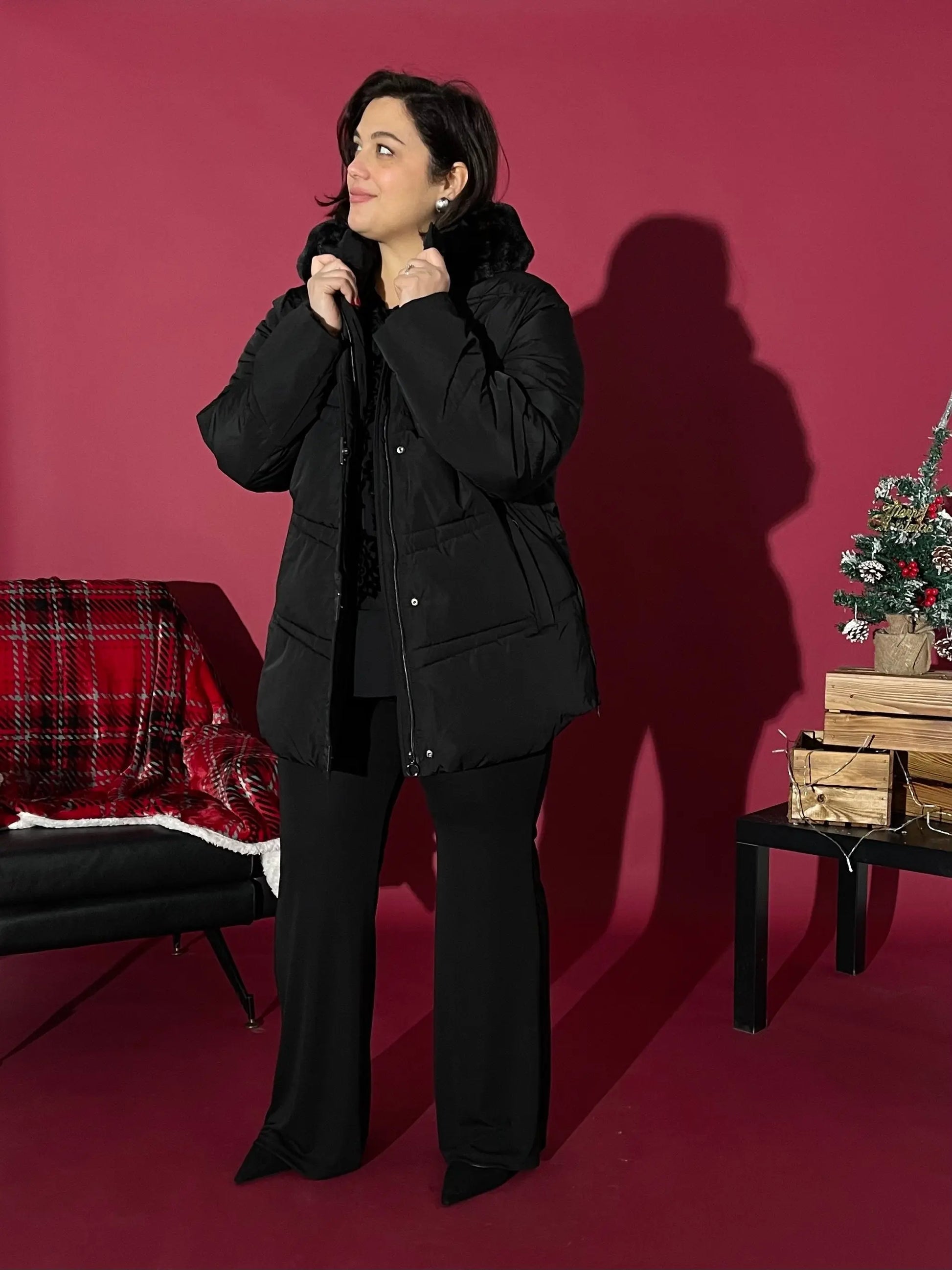 Giubbotto trapuntato con cappuccio ed ecopelliccia NERO DORABELLA PIU' 55