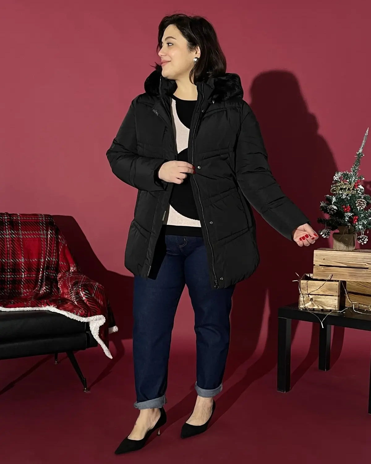 Giubbotto trapuntato con cappuccio ed ecopelliccia NERO DORABELLA PIU'