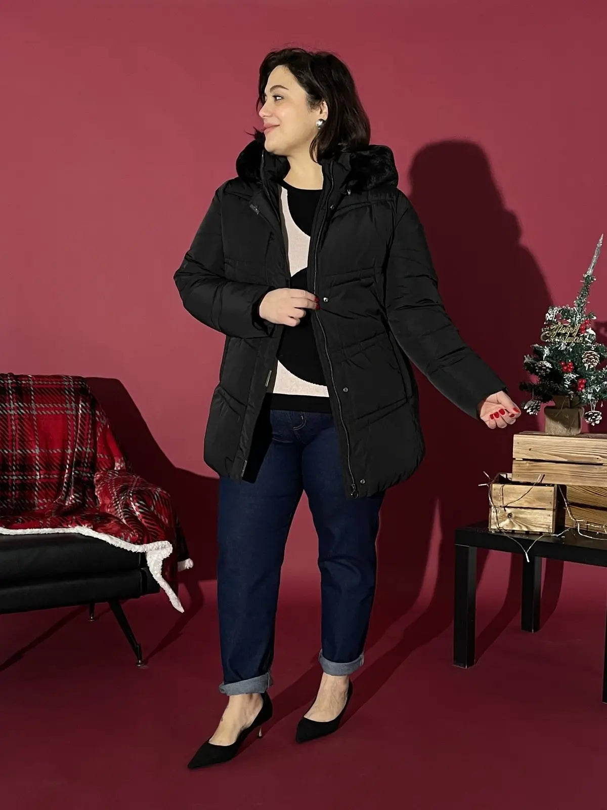 Giubbotto trapuntato con cappuccio ed ecopelliccia NERO DORABELLA PIU'