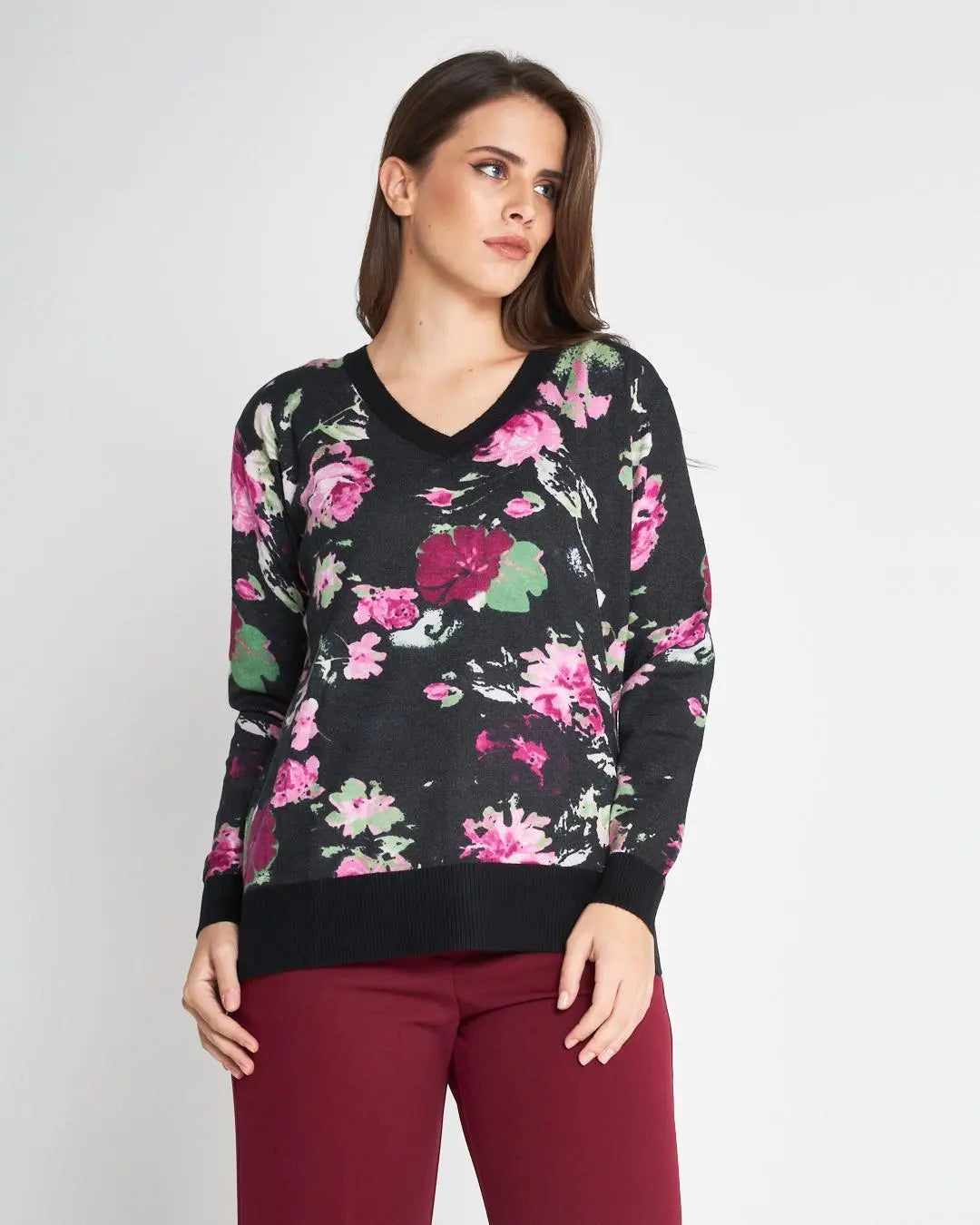 MAGLIA V STAMPA FIORI NERO DORABELLA XL