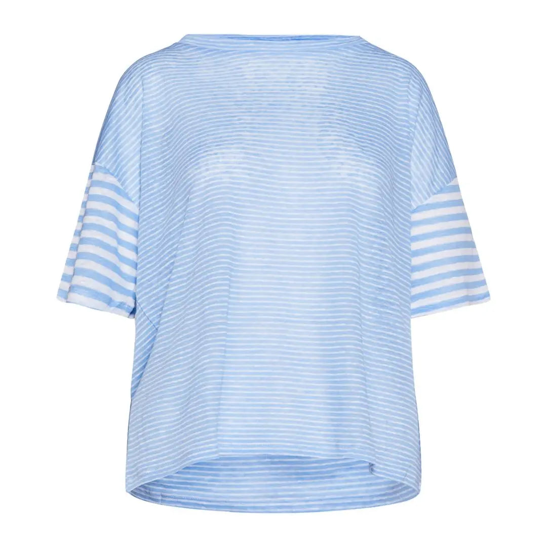 Maglia a maniche corte in filato di lino fiammato e rigato tinta unita. AZZURRO IRONICA XL