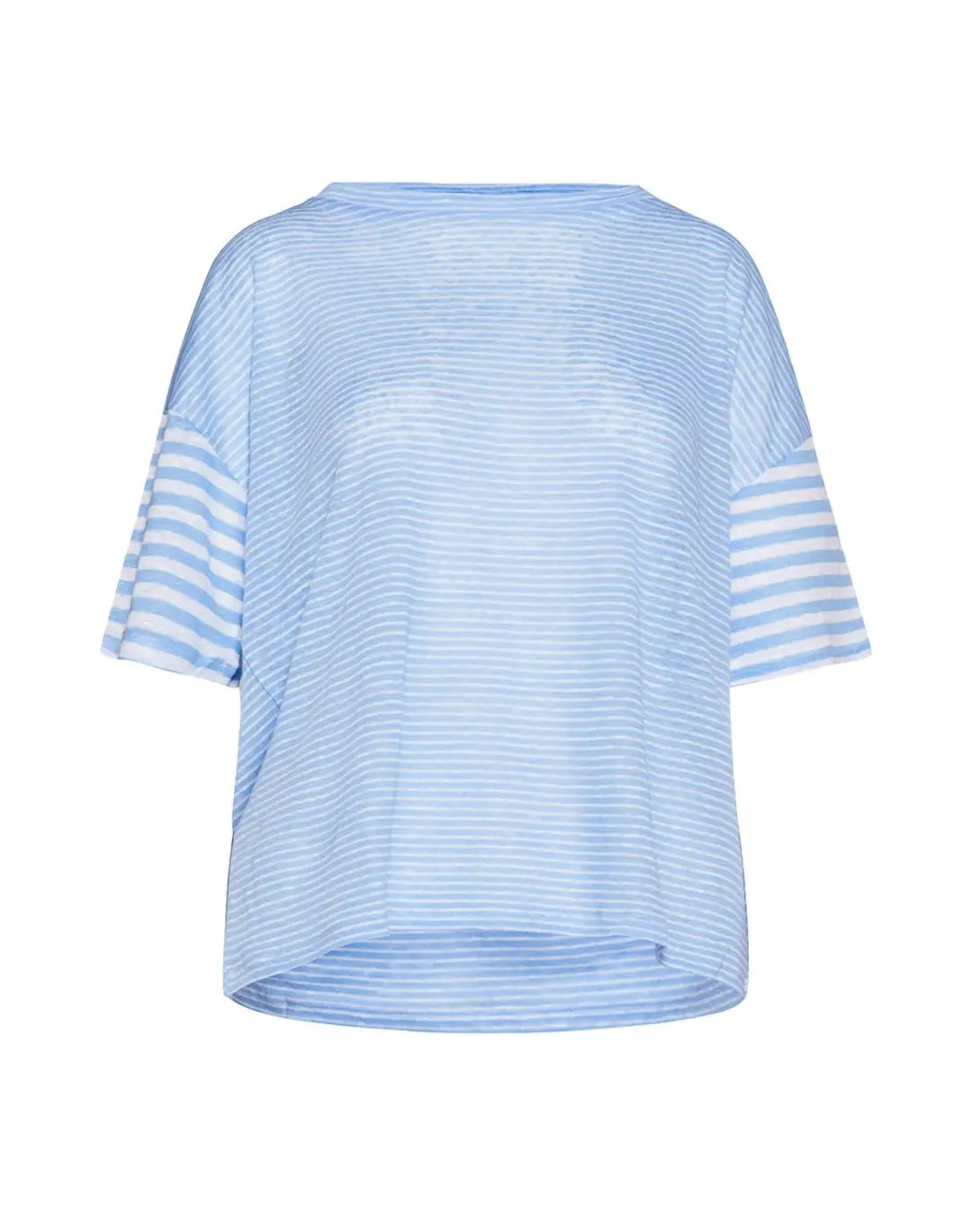 Maglia a maniche corte in filato di lino fiammato e rigato tinta unita. AZZURRO IRONICA XL
