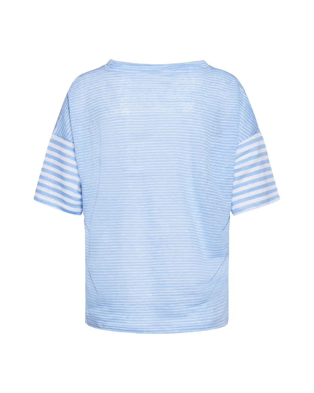 Maglia a maniche corte in filato di lino fiammato e rigato tinta unita. AZZURRO IRONICA