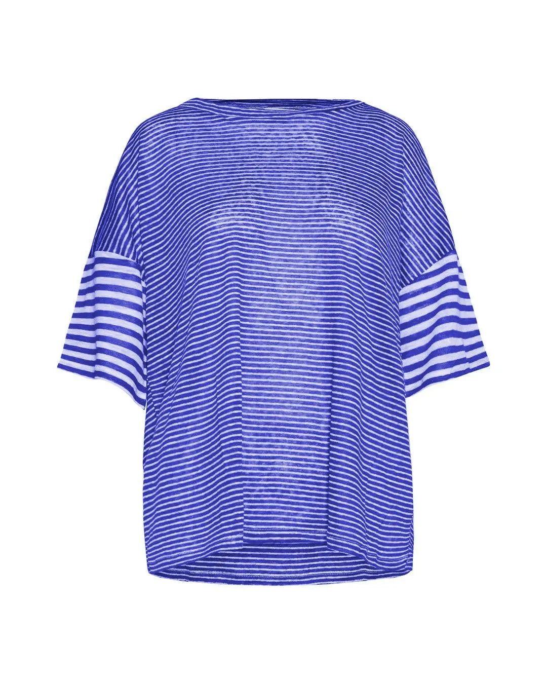 Maglia a maniche corte in filato di lino fiammato e rigato tinta unita. BLUE NAVY IRONICA