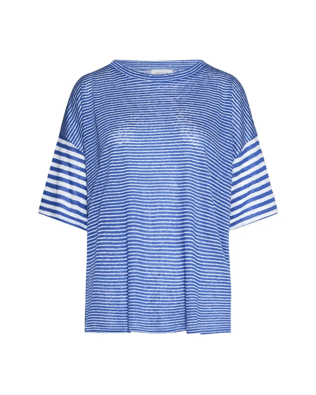 Maglia a maniche corte in filato di lino fiammato e rigato tinta unita. MIRTILLO IRONICA XL