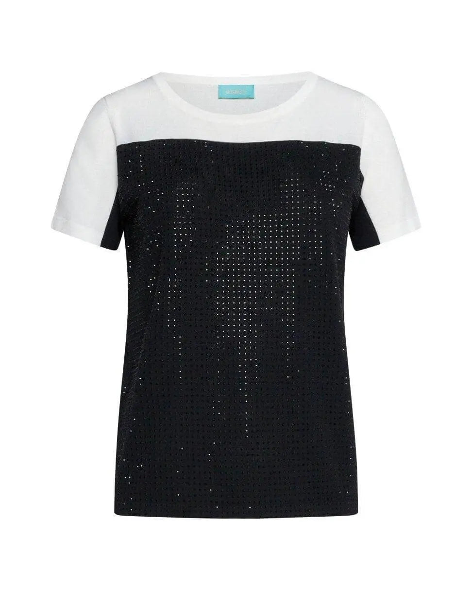 Maglia a maniche corte in filato di misto viscosa bi-colore con applicazione di strass NERO DORABELLA