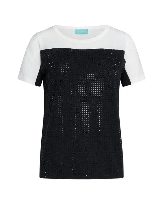Maglia a maniche corte in filato di misto viscosa bi-colore con applicazione di strass NERO DORABELLA
